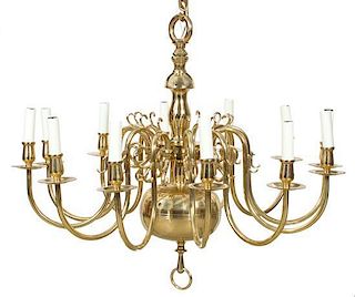 A Federal Style Brass Twelve-Light Chandelier Height 28 x diameter 32 inches.