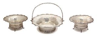A Group of Three English Silver Articles, Carrington & Co., London, 1908, comprising a basket weave reticulated bowl with han