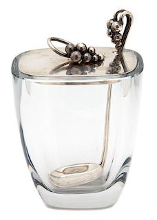 A Danish Silver and Crystal Jam Jar and Spoon, E. Dragsted, Copenhagen, 20th Century, for Stromberg Crystal, having grape mot