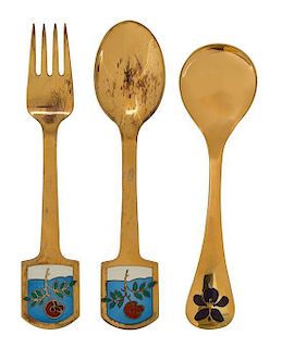 Three Danish Silver Gilt and Enamel Commemorative Spoons, A. Michelsen and Georg Jensen, Denmark, comprising a Michelsen fork