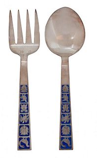 Nine Norwegian Silver and Enamel Flatware Servers, David Andersen, Oslo, comprising four sets of serving forks and spoons wit