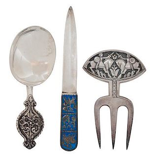Three Norwegian Silver Articles, David Andersen, Oslo, comprising a spoon, a short meat fork with dueling viking decoration, 