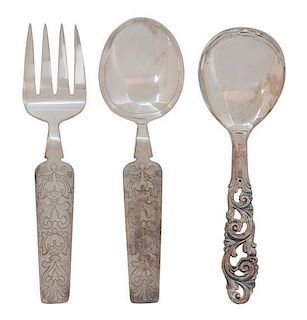 Three Norwegian .830 Silver Flatware Servers, Various makers, comprising a David Andersen salad fork and spoon with engraved 
