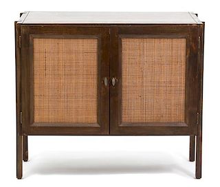 A Modern Wood and Rattan Bar Chest Height 29 x width 33 3/4 x depth 18 3/4 inches.