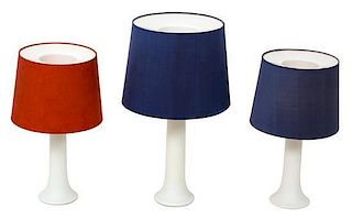A Collection of Three Knoll Style White Ceramic Lamps Height of tallest without shade 18 1/2 inches.