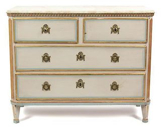 A French Painted Wood Chest of Drawers Height 34 x width 41 1/2 x depth 18 1/2 inches.