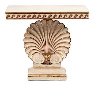 A Painted Seashell Console Table Height 30 1/4 x width 32 1/8 x depth 12 inches.