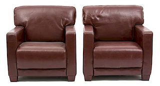 A Pair of Brown Leatherette Arm Chairs Height 32 7/8 x width 32 x depth 32 inches.
