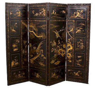 A Chinese Four-Panel Black and Gilt Decorated Leather Screen Height of each panel 72 x width 22 inches.