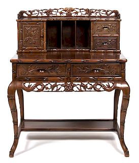 A Chinese Carved Elmwood Writing Desk Height 31 1/4 x width 37 x depth 22 1/2 inches.