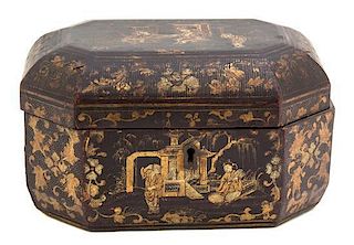 A Chinese Export Black and Gilt Lacquered Octagonal Box Height 5 x width 8 x depth 5 inches.