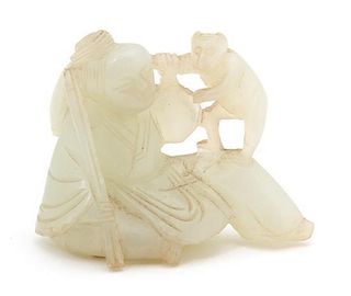 A Carved White Jade Figure of a Man and Monkey Height 2 inches.