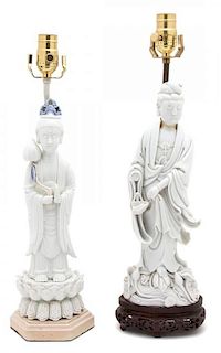 A Pair of Chinese Blanc de Chine Porcelain Figures Height 14 inches.