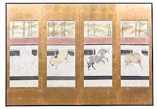 A Japanese Four Panel Floor Screen Height of each panel 55 x width 19 1/2 inches.