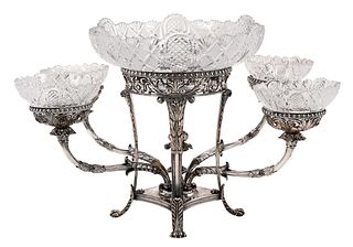 Silver Plate Four Arm Epergne with Cut Glass Bowls