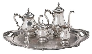 Sterling Tea Service, Bell and Silver Plate Tray, Six Pieces