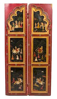 A Pair of Indian Painted and Gilt Three Panel Doors Height of each 71 x width 18 x depth 2 inches.