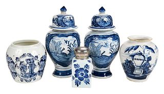 Five Delft Blue and White Canisters