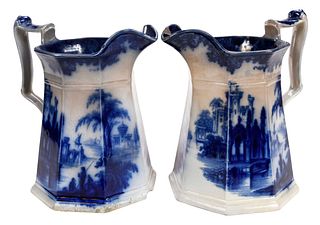 Pair Blue and White Transferware Pitchers