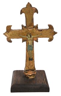 Gothic or Gothic Style Carved, Gilt, and Painted Processional Crucifix