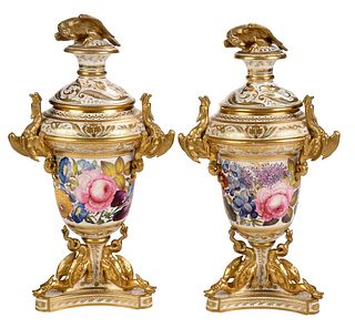 Pair of Royal Crown Derby Porcelain Lidded Urns