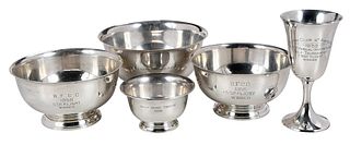 Five Sterling Bowls/Goblet Golf Trophies, Most Asheville