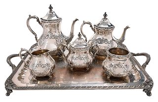 Five Piece Poole Old English Sterling Tea Service and Silver Plate Tray