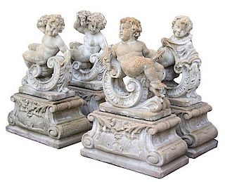 A Group of Four Cast Stone Allegorical Figures Height of each 47 x width 31 x depth 15 inches.