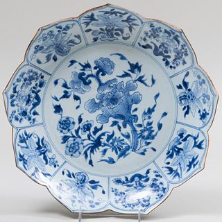 Chinese Blue and White Porcelain Lotus Shaped Charger