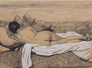 Théophile Alexandre Steinlen, (French/Swiss, 1859-1923), Nude Study with Pillows and Blanket