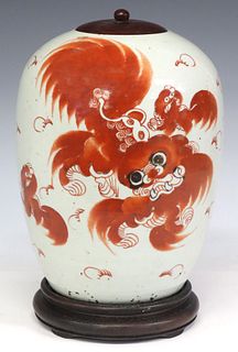 CHINESE IRON RED FOO LION PORCELAIN MELON JAR ON STAND