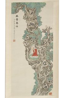 CHINESE SHOULAO SILK SCROLL PAINTING, ZHENG XU (1858-1933)
