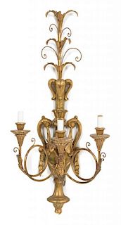 An Italian Louis XV Style Giltwood Three-Light Wall Sconce Height 34 inches.