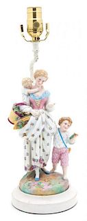 A German Painted Porcelain Figural Group Height 10 inches.