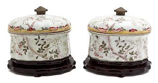 A Pair of Continental Glazed Ceramic Cartouche-Form Covered Boxes Height 7 1/2 x width 7 x depth 8 inches.