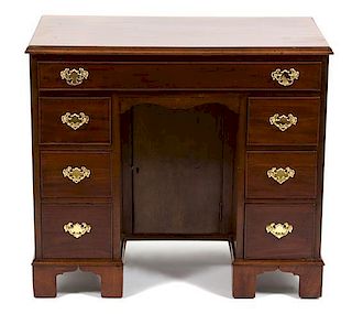 A Chippendale Style Mahogany Kneehole Desk Height 29 1/2 x width 31 1/2 x depth 18 3/4 inches.