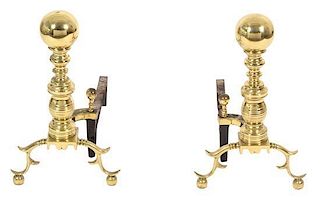 A Pair of American Brass Andirons Height 20 1/2 inches.