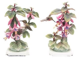 A Pair of Royal Worcester Porcelain Ruby Throated Hummingbirds Height 9 1/2 inches.