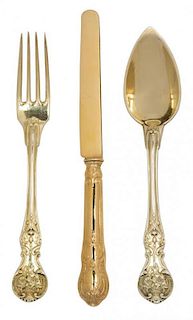 A Group of French Vermeil Silverplate Flatware, , comprising: 12 Christofle oval soup spoons 4 matching salad forks 18 fruit 