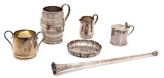 A Group of Six English Silver Articles, Various Makers, comprising a lidded condiment jar with glass liner, a barrel-form cup