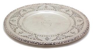 An American Silver Serving Plate, 20th Century, having pierced border and etched decoration, monogrammed