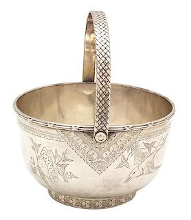 An American Silver Bowl with Handle, Gorham, Providence, RI, 20th Century, having brite cut and aesthetic movement decoration