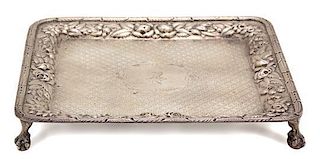 An American Silver Footed Square Tray, Andrew Ellicott Warner, Baltimore, MD, 19th Century, having repousse border of roses, 