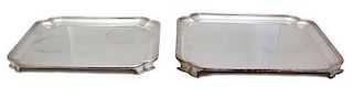 Two English Silver-Plate Graduated Square-Form Footed Platters, 20th Century,