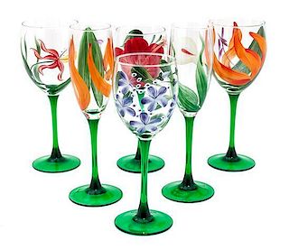 Thirty Nine Hand-Painted Wine Glasses Height 8 3/4 inches.