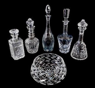 Five Crystal Decanters Height of largest 15 inches.