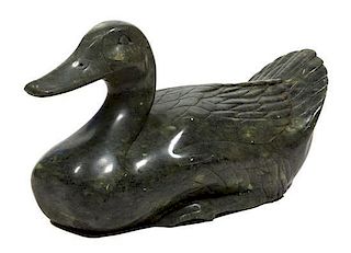 A Chinese Carved Hardstone Figure of a Duck Height 9 x length 17 inches.