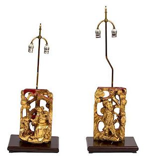 A Pair of Gilt and Lacquered Chinese Temple Carvings Height of carving 13 inches.