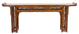 A Faux Bamboo Altar Table Height 34 1/2 x length 86 1/2 x depth 14 1/2 inches.