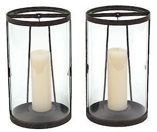 A Pair of Contemporary Glass and Metal Hurricane Lamps Height 16 inches.